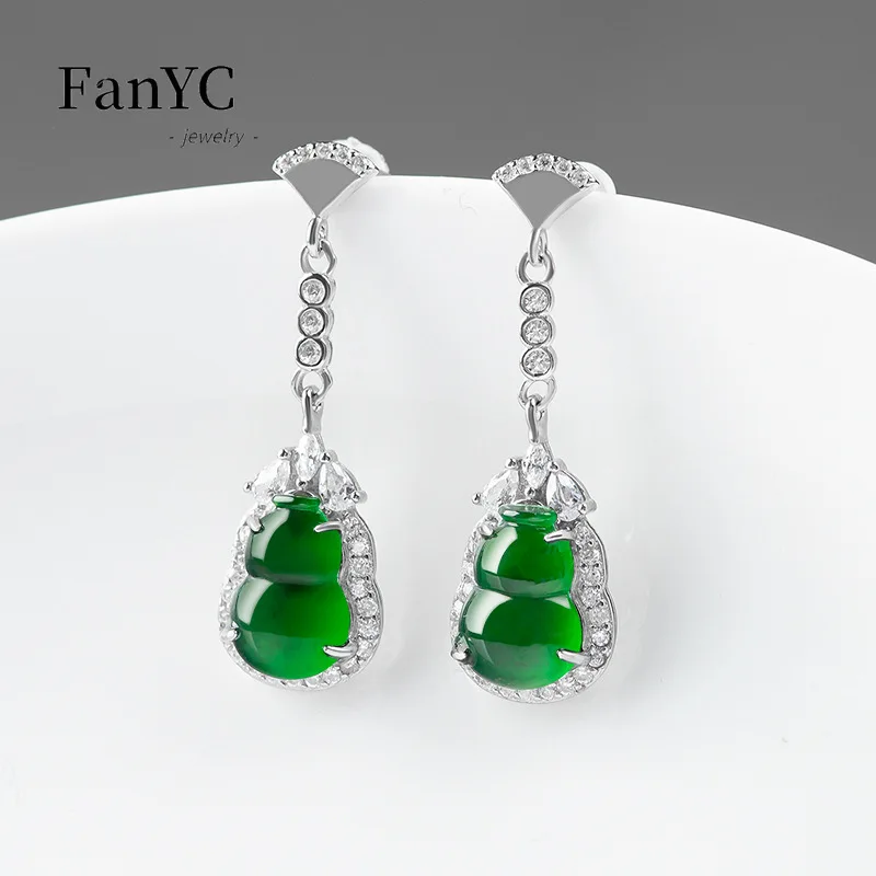 

S925 Silver Inlaid Myanmar A-goods Jade Gourd Earrings Hand-carved High-grade Fashion Ice Jade Earrings Ladies Gift