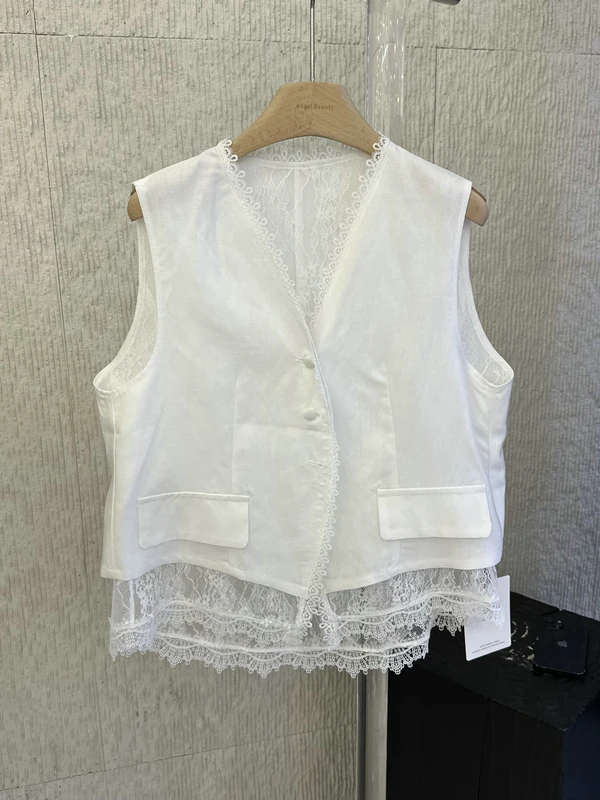 

Elegant Lace Splice Hemline Linen Vest Women's Sleeveless V-neck Thin Breathable Spring Summer Fashion Outerwear Top