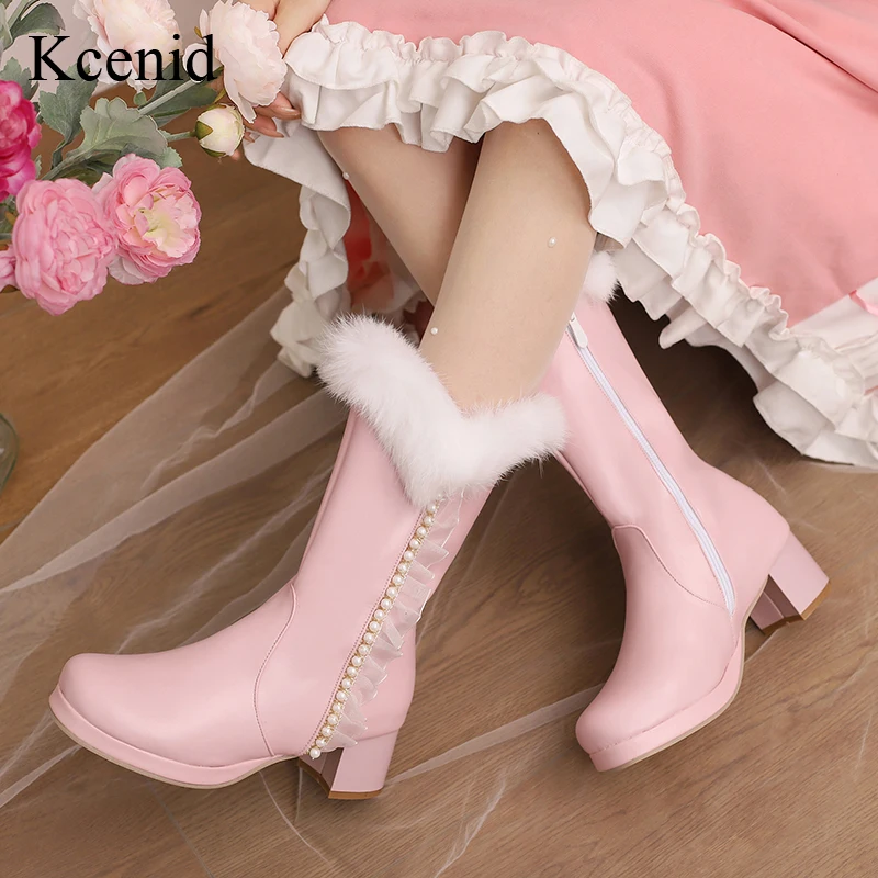 

Kcenid New Lovely Princess Mid-calf Boots Women Faux Fur Cosplay Boots Pink Black White Pearls Bordered Warm Winter Lady Shoes