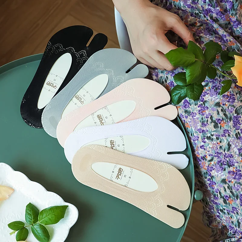 5 Pairs Invisible Two Toe Socks Women's Thin Solid Color In Summer Breathable Boat Socks
