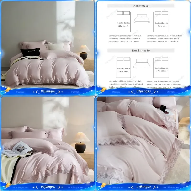 Elegant French Lace Wide Edge Luxury Bedding Set 1000TC Egyptian Cotton Soft Duvet Cover Flat Fitted Sheet Pillowcases 4Pcs