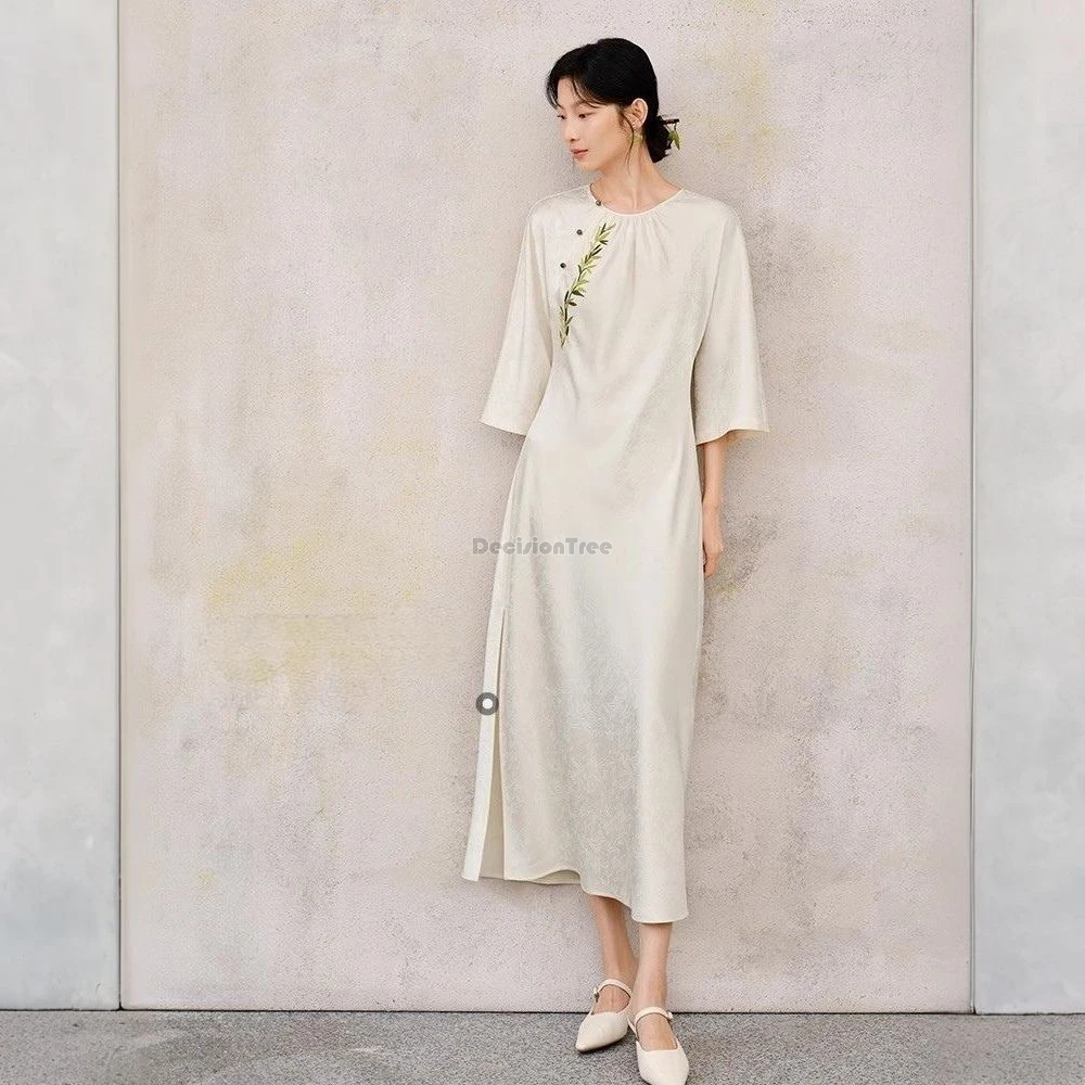 Chinese national style long cheongsam dress round collar gauze dress women spring summer Loose daily Bamboo Embroidery qipao