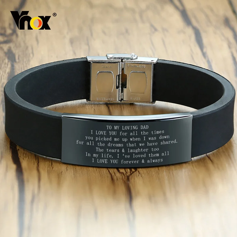 Vnox 16mm Father's Day Gift Bracelet,Black Rubber Silicone Bangle with Custom TO MY DAD Stainless Steel Bar,Men Casual Wristband