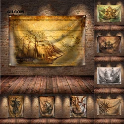 Retro Map Sailboat Banner Flag Sailing and Adventure Story Poster Wall Art decor AD Vintage Sign Man Cave Garage Pub Club Bar