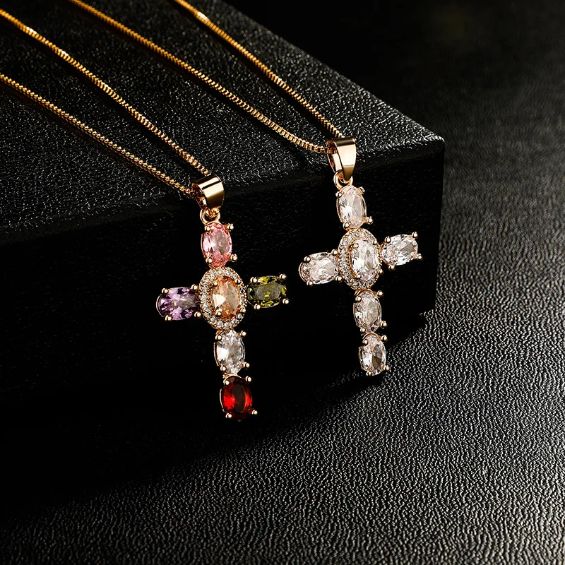 

Mix Colorful CZ Stones Cross Pendant for Women Iced AAA Cubic Zirconia Prong Setting Cross Charms with 24'' Box Chain Necklace