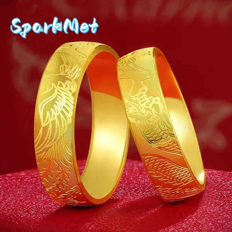 

Christmas 24K Real Gold Men's and Women's Carved Closed Ring, 9999 CNC Dragon and Phoenix Auspicious Couple Ring Wedding Jewelry