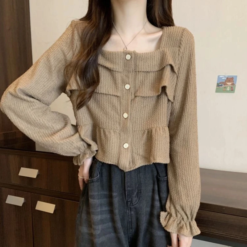 

Spring Autumn New Vintage Ruffles Youth Short Blouse Long Sleeve Solid All-match Fashion Shirt Tops Casual Korean Women Clothing