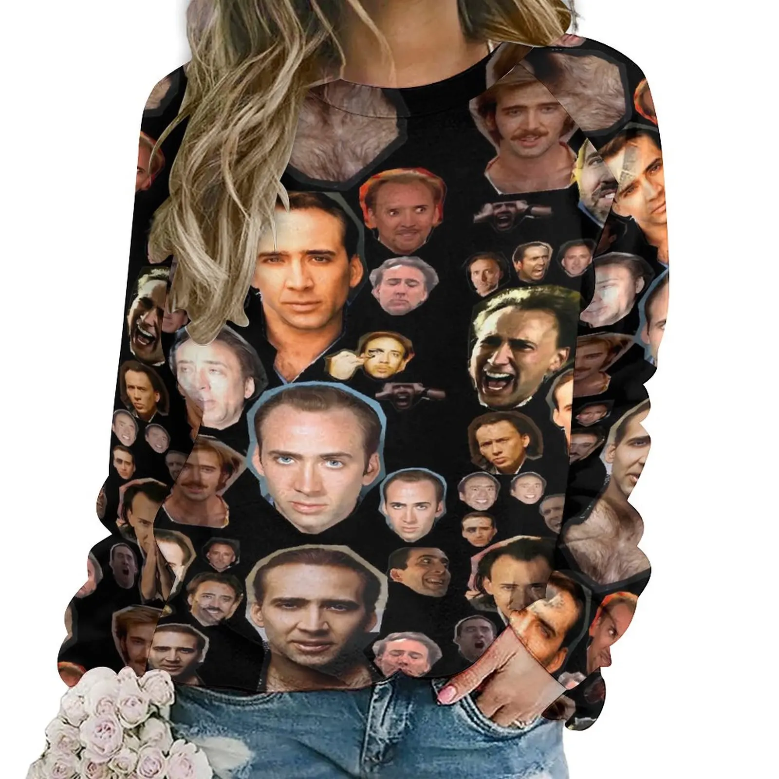 Nicholas Cage Faces Hoodies Women Nick Cage Street Fashion Casual Hoodie Long-Sleeve Elegant Graphic Top Large Size 2XL 3XL