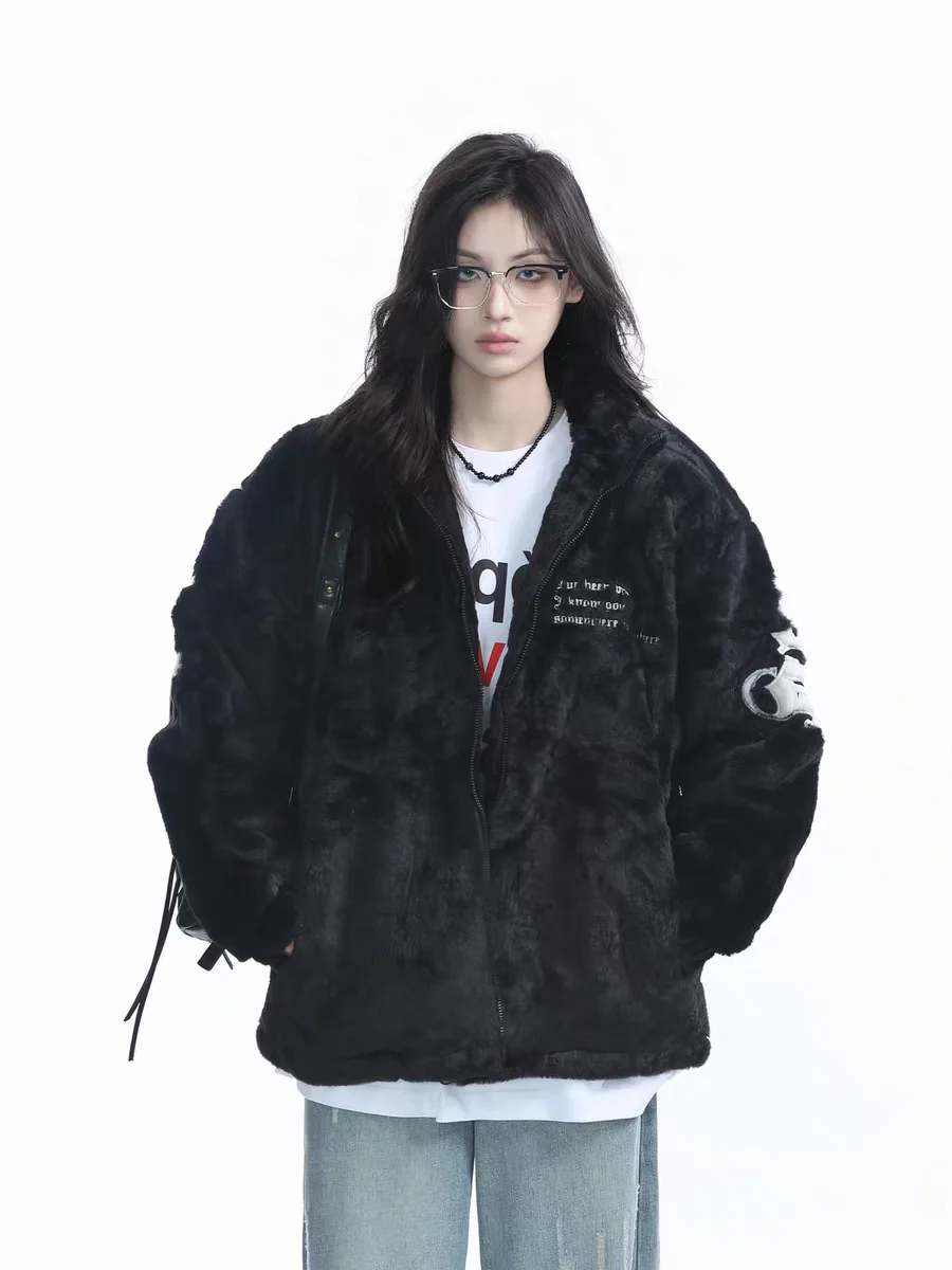 

2025 New Spring Y2k Women's jacket Outerwears Imitate rabbit hair Vintage Letter Pattern Black Jackets man Zipper coat Clothes