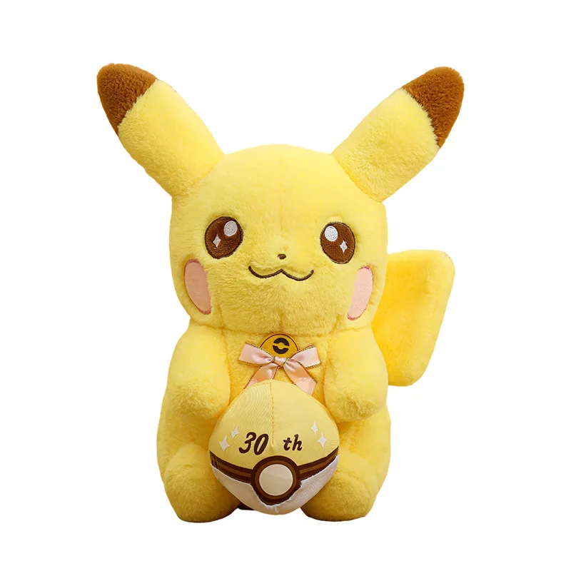 Cute 30th Pikachu Plush Doll Pokemon Figure Stuffed Toy Sitting Shape with Ribbon Collectible Plushie Gift for Game Lovers
