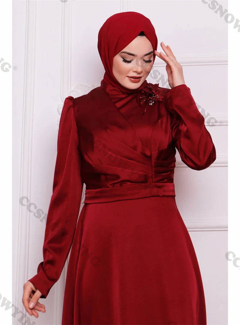 Robe de Soirée de Forme Trapèze en Satin à Manches sulfpour Femme Musulmane, Vêtement Islamique avec Hijab, Disponible en Bordeaux, Style Arabe et Dubaï