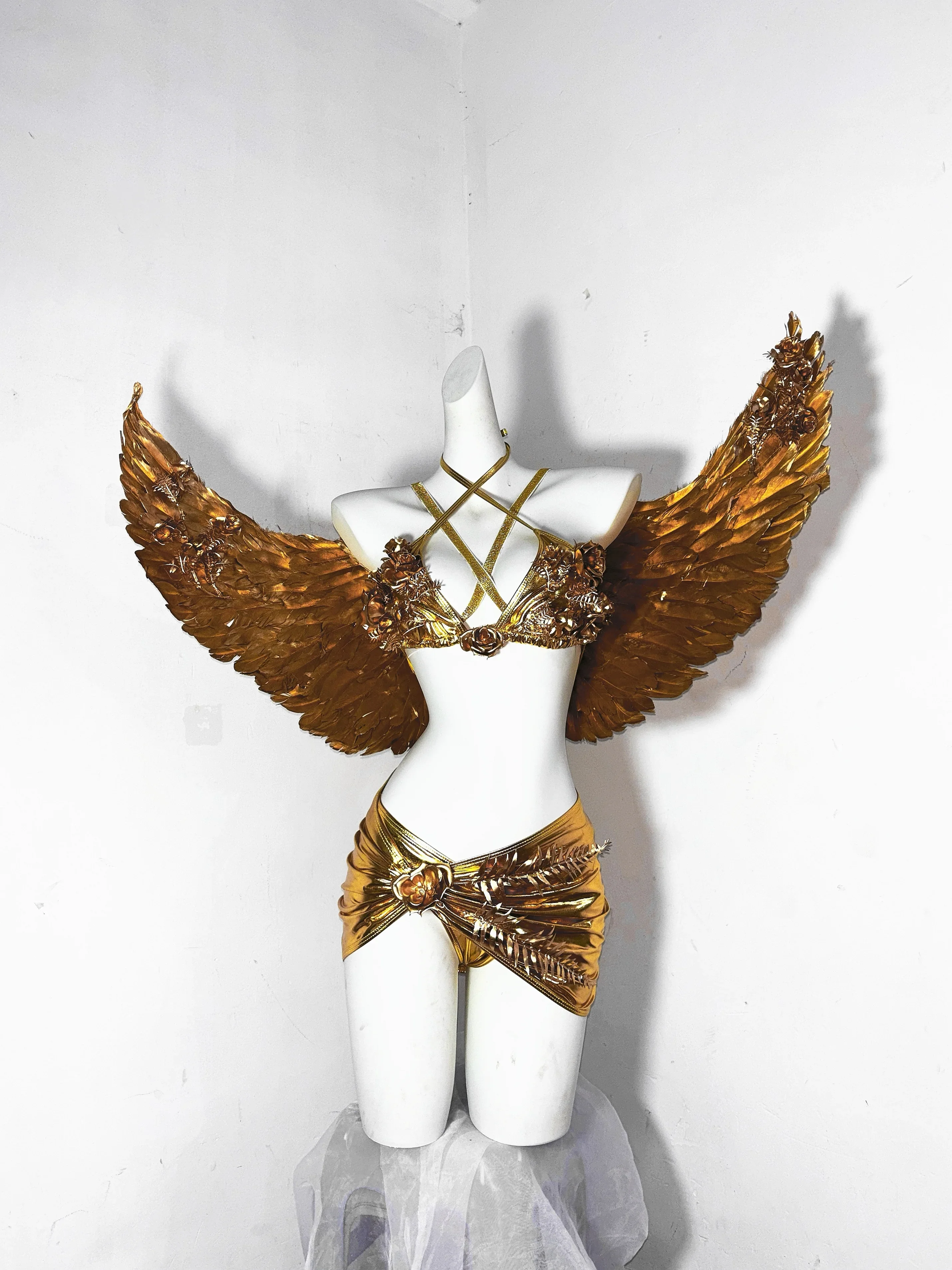 IMU TDH Original Design Subculture Metal Shiny Gold Rose Florals Patchwork Summer Tube Top and Mini Skirt with Wings Hot Girls S