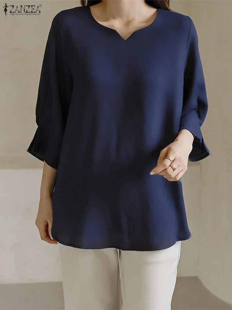 

ZANZEA Stylish Tops 2025 Autumn Women Solid Blouse 3/4 Sleeve Casual Loose Pleated Shirts Elegant Office Lady Blusas Femininas