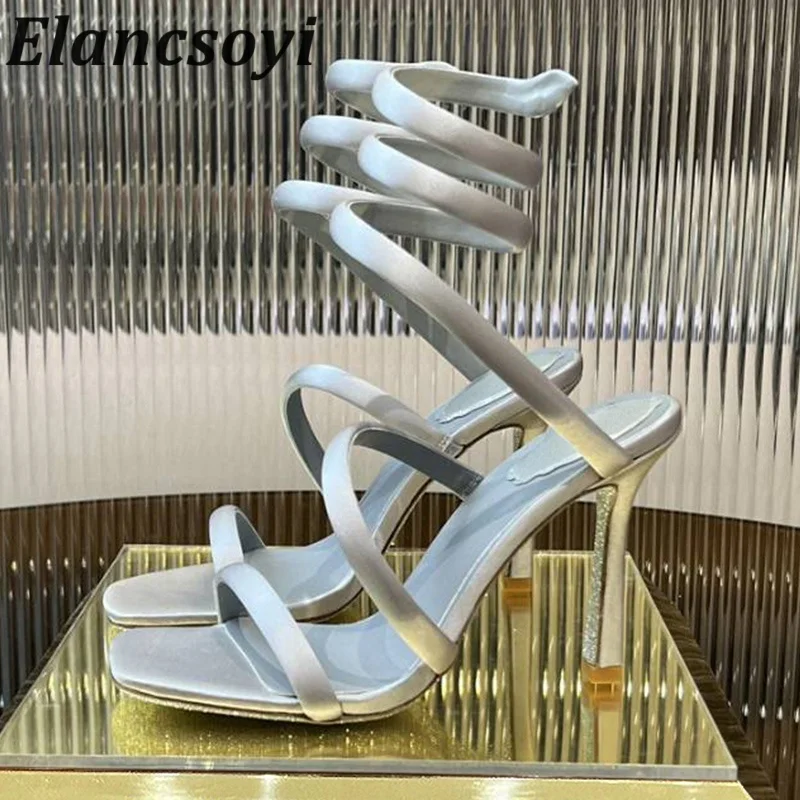 Dress Shoes Women Silk Satin Ankle Snake Shaped Winding Stiletto Sandalias Summer Fashion High Heels Sandals Party Shoes