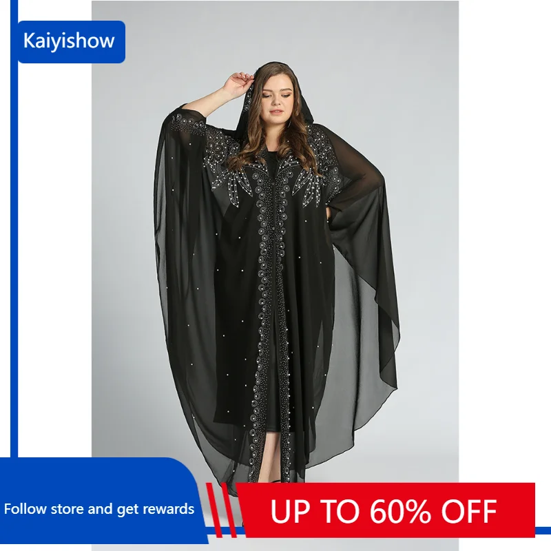 

New Open Abaya Dubai Turkey Muslim Hooded Dress Women Chiffon Kaftan Beads Luxury Cardigan Plus Size Boubou Islamic Clothing