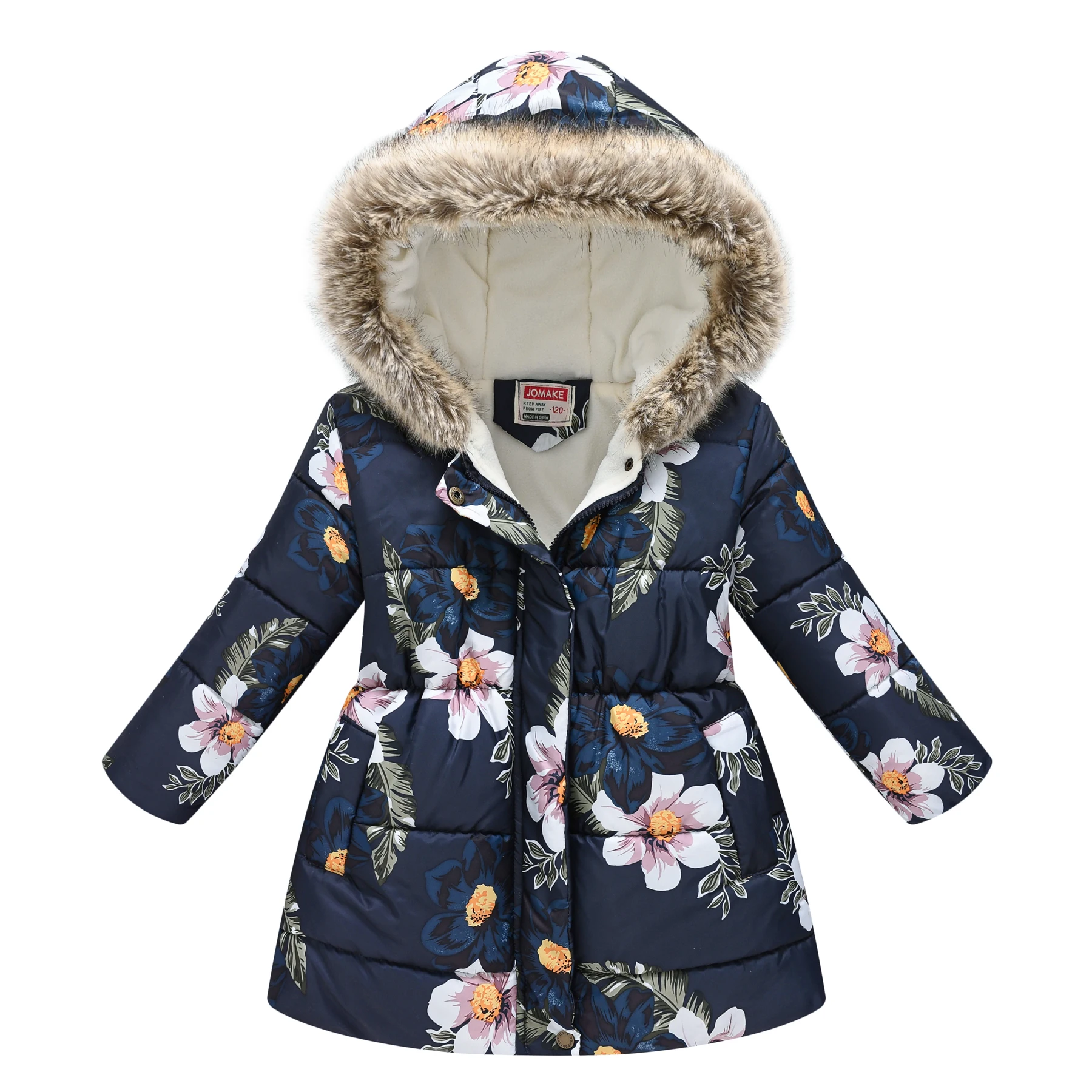 New autumn and winter children\'s clothing boys and girls multi-color printing children\'s long fur collar hooded coat coat coat.