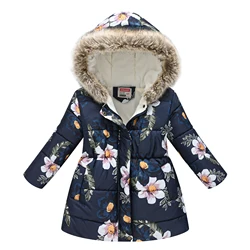 New autumn and winter children's clothing boys and girls multi-color printing children's long fur collar hooded coat coat coat.