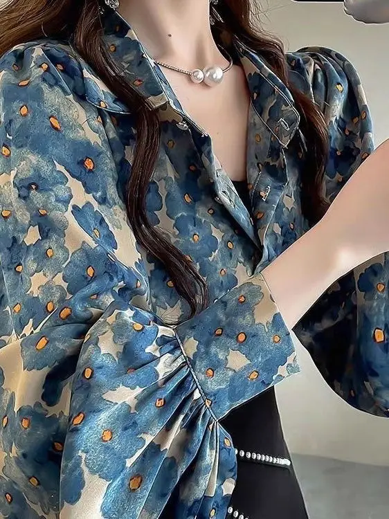 

Новая осенняя женская блузка в художественном стиле с принтом, рукавами-фонариками и эффектом высококачественного материала, с принтом Ван Гога, длинный рукав