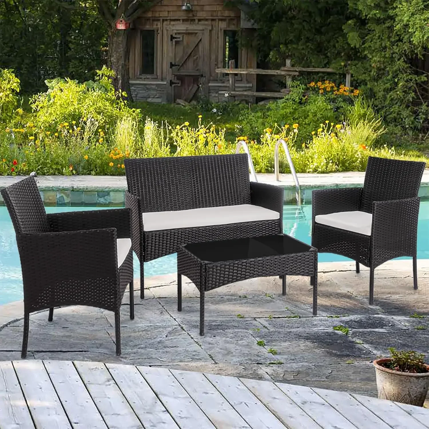 4 Piece Outdoor Patio Furniture Sets,Small Wicker Patio Conversation Furniture Rattan Chair Set with Tempered Glass Coffee Table