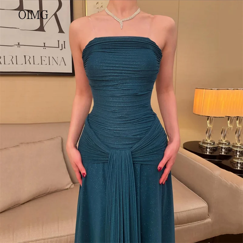 

OIMG Glitter Blue Strapless Mermaid Prom Gowns Backless Pleated Party Gown Floor Length Party-perfect Evening Dress Customized