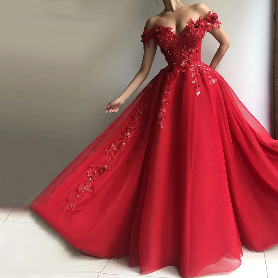 2025 Women's Red Off Shoulder Prom Dress Formal Party A-line Three Decal Sequins Thin Mesh Elegant Evening Dress Customized