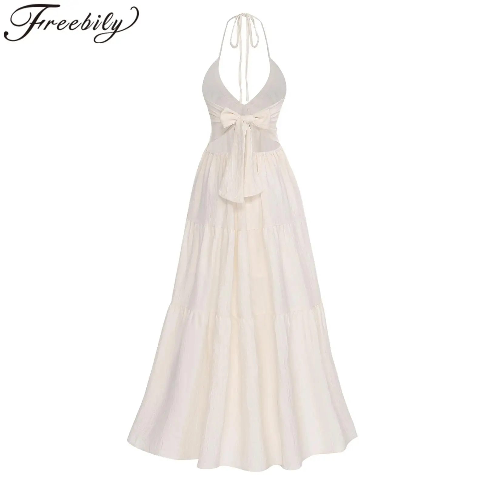 

Женское летнее пляжное платье для отпуска в тропиках, свадебного тура, бохо-макси, с вырезом халтер, V-образным вырезом, открытой спиной, на шнуровке, А-силуэт