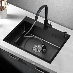 304 Stainless Steel Kitchen Sink Topmount Single Bowl DarkGray Wash Basin For Home Fixture With Kitchen Faucet Drain Accessories