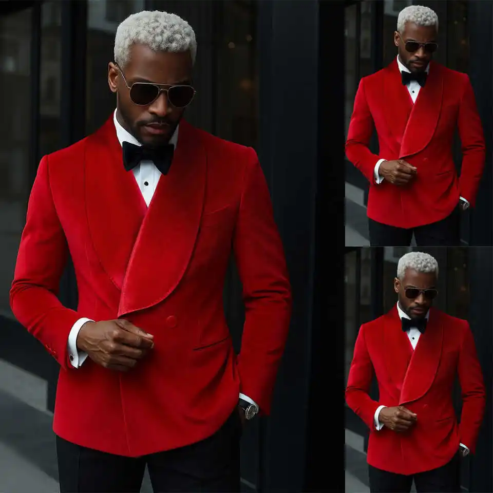 

Red Shawl Lapel Men Jacket Double Breasted Wedding Tuxedo High Quality Vintage One Pieces Party Interview Groom Wear Customized