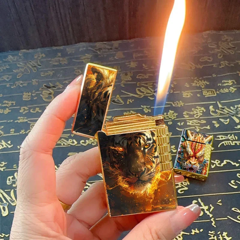 New Butane Gas Lighter Long Metal Exquisite Pattern Flip Cover Side Sliding Lighter Cigarette Accessories Men\'s Small Gift