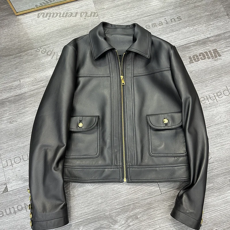 Lambskin Vintage Motor&Biker Lapel Leather Jackets Women Real Leather Coats 2024 Fall Fashion Zipper Pocket Female Black Jackets