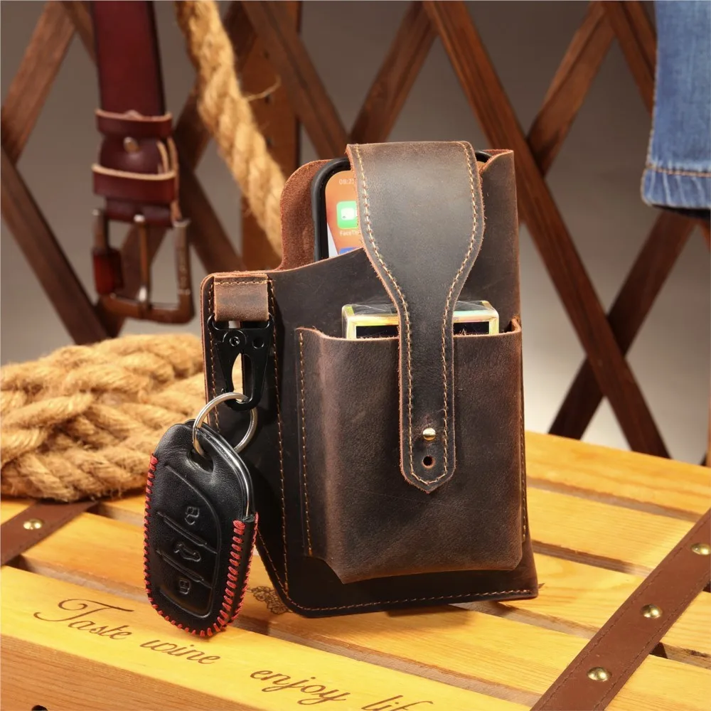 Men's Genuine Leather Belt Bag Fanny Waist Bag Simple Leg Hip Packs for Men Cell Phone Cigarette Lighter Box Case Outdoor Pouch