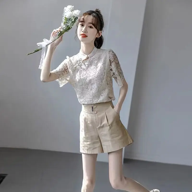 Lace Short-sleeve Blouses Women Leisure Temperament Design Chic Chinese Style Vintage Tops Summer Streetwear Fashion Office Lady