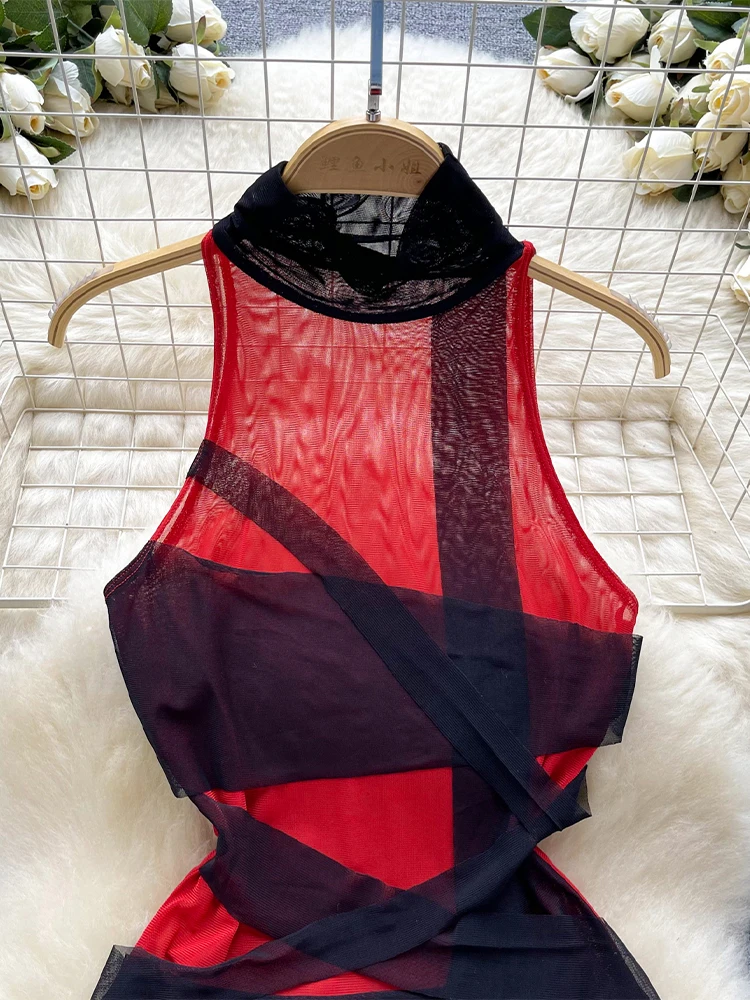 Kobiety Red Mesh Crop Top 90s Vintage Y2k Camisole Off Shoulder Bandage Corset Top Vest Sexy Tank Tops Emo 2000s Coquette Clothes