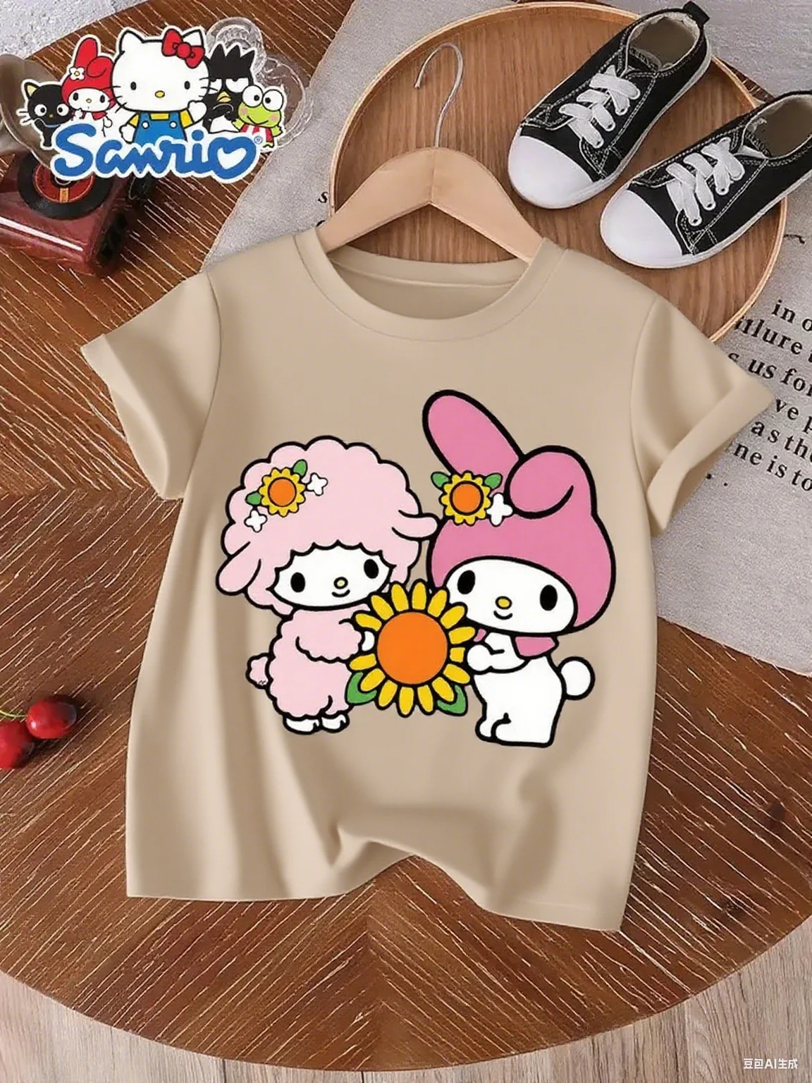 

Sanrio My Melody Sunflower Design Pure Cotton Toddler Tee Trendy Printed Band Pure Cotton T-shirt Short Sleeve Unisex Round Neck