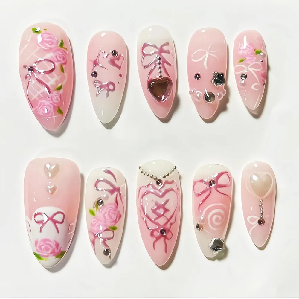 24pcs Pink Medium Almond Full Cover Glue on False Nails with 3D Heart Rhinestones and Rose Flower Charms for Women