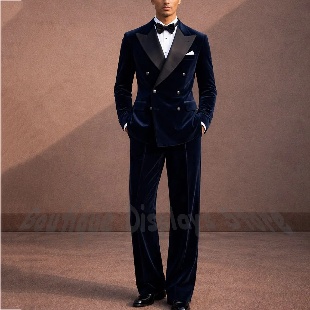 High End Velvet Suit For Men Luxury 2026 Double Breasted Peak Lapel Business Casual Male Clothing Slim Fit Formal Occasion Party