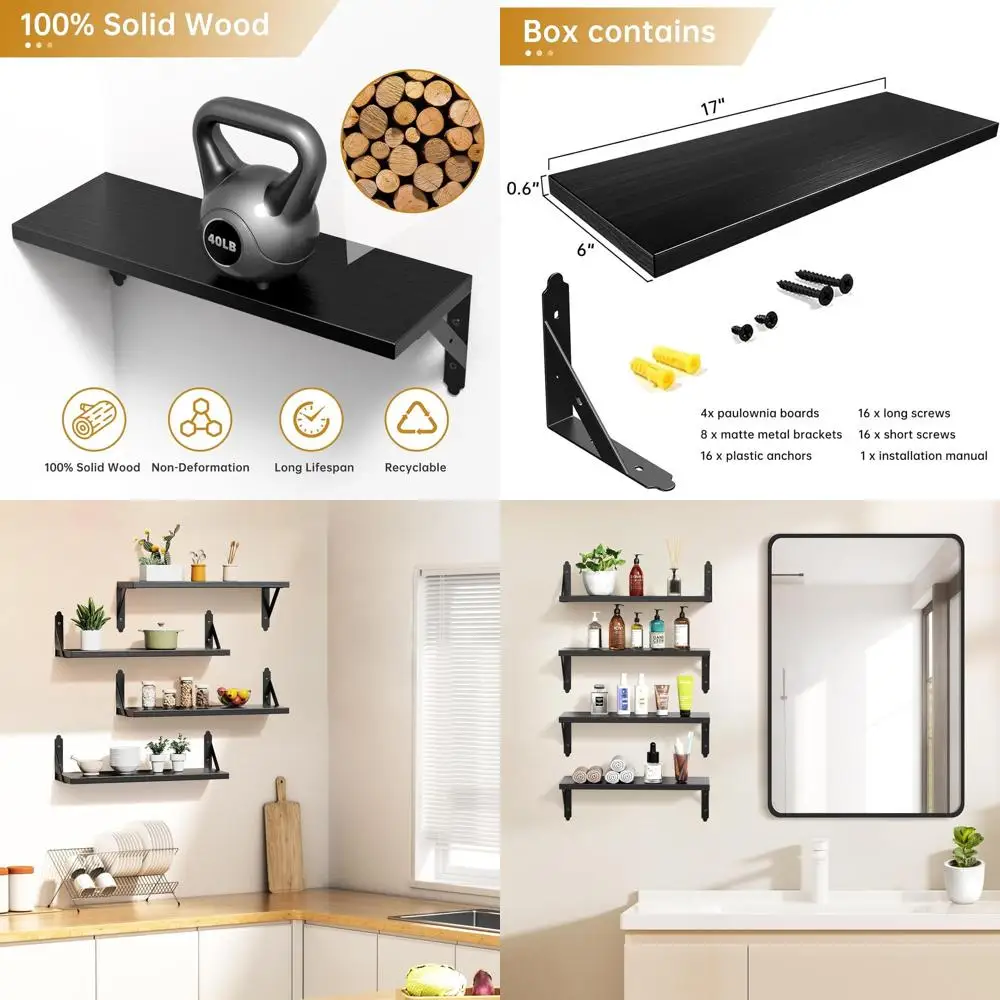 

Set of 4 Black Rustic Floating Wall Shelves, 17x6, for Living Room & Bedroom Storage & Decor