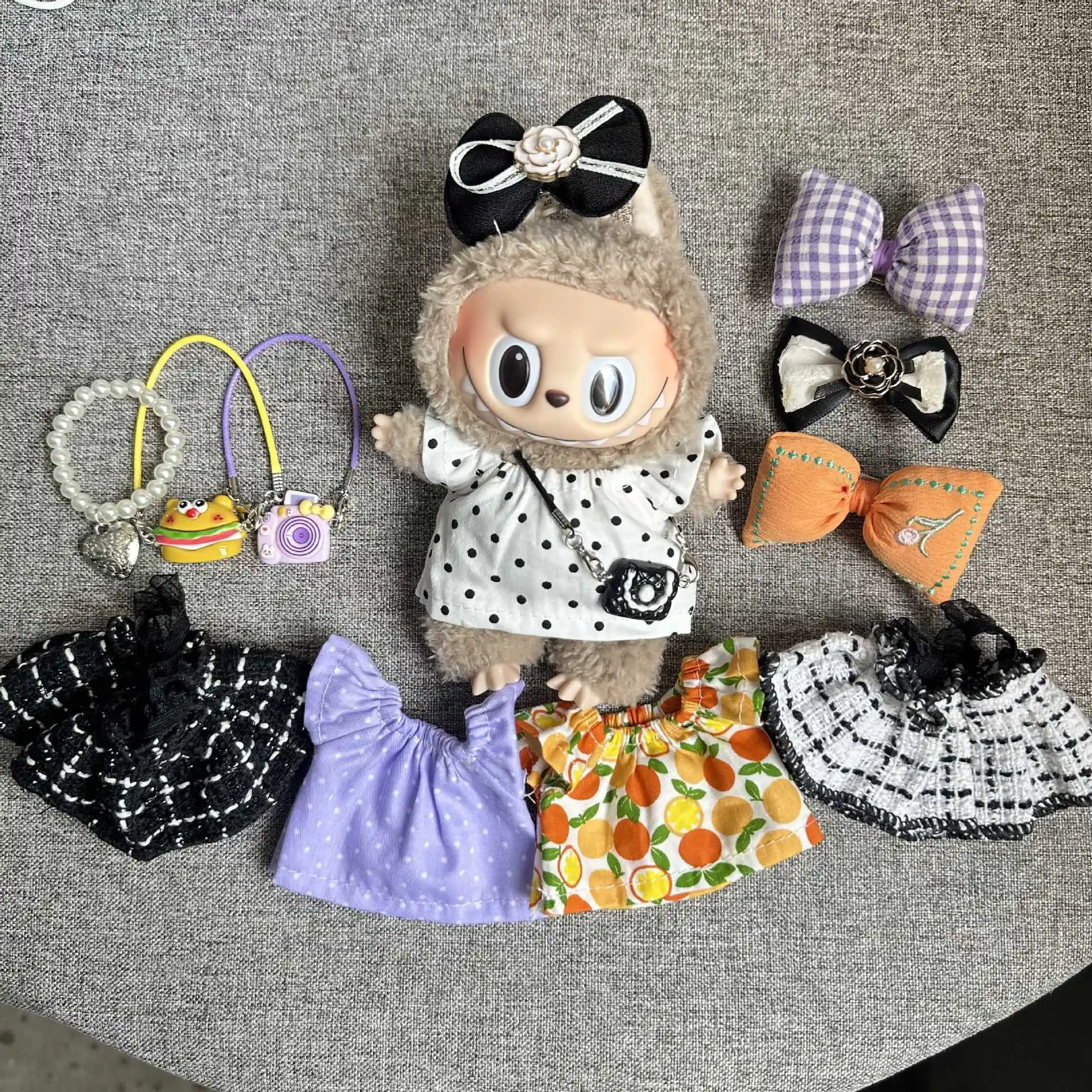 

Clothes For Labubu 15/17Cm Dolls Gen 1-3 Cute Polka Dot Dress with Hair Accessories Set Clothing