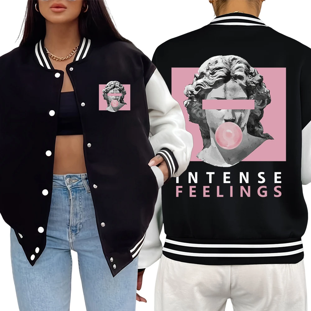 

Intense Feelings Sculpture Blowing Pink Bubbles Pattern Jackets Women Autumn Soft Jacket Loose Casual Veste Fashion American Top