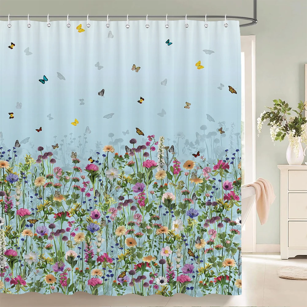 Watercolor Flowers Butterfly Shower Curtains Spring Floral Bath Curtain Scenery Waterproof Bathroom Home Decor with Hooks