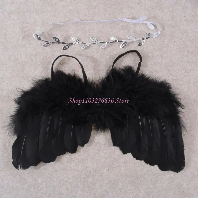 R6FD Newborn Photography Props Outfits Baby Headdress and Baby Wings Set for Infants Girl Boy Leaves Headband Prop