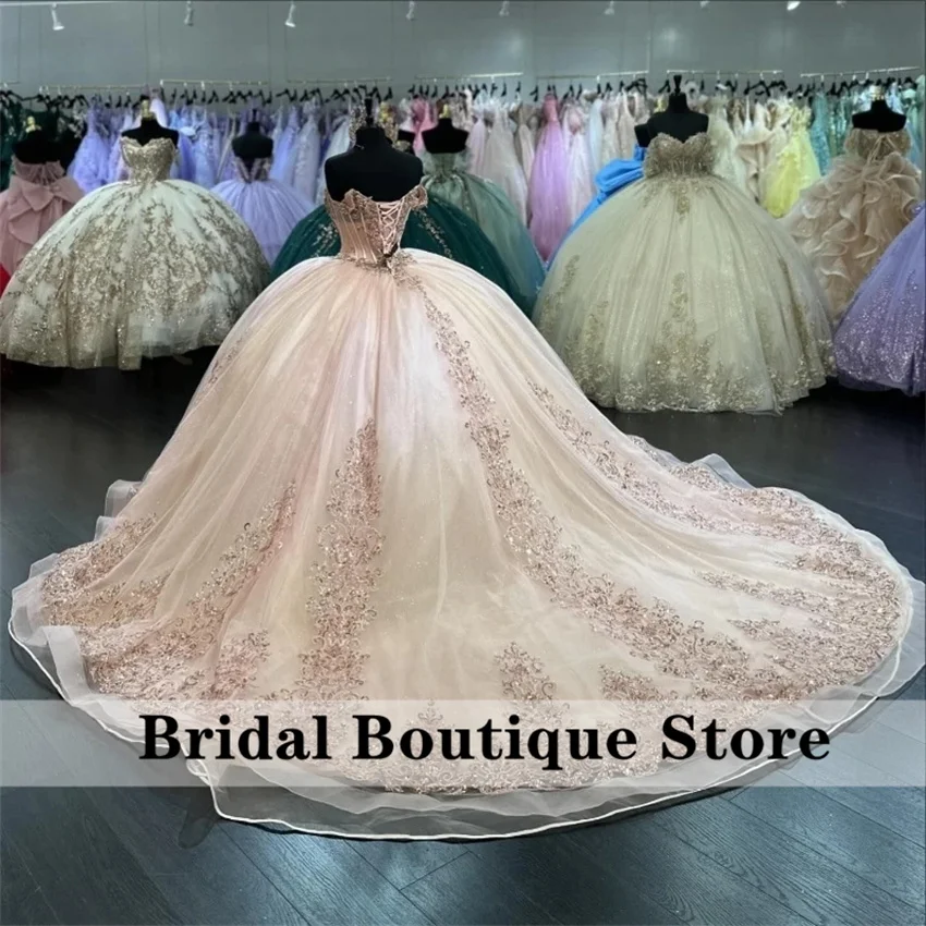 Elegant Pink Princess Quinceanera Dresses Ball Gown Appliques Crystals Beads Sweet 16 Dress Prom Birthday Party Customized