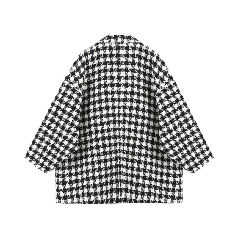 Loose Cotton Thickened Warm Houndstooth Mid-length Tweed Coat Blazer