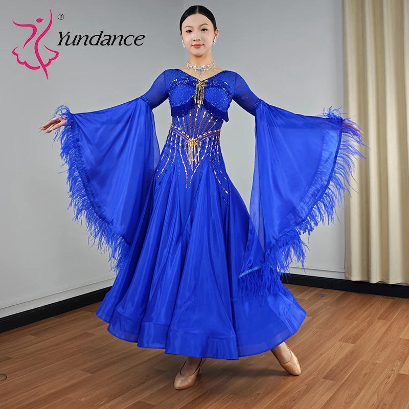 B-25136 Trajes de baile lírico Yundance para mujer, baile de salón, vestidos de baile de vals de gasa satinada azul real para competición