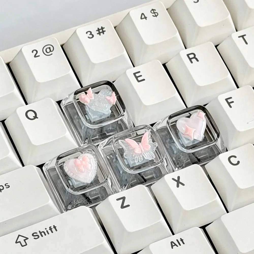 4Pcs Transparent Butterfly Resin Keycaps Handmade Artisan Set for Cherry MX Switches Lovely Decor Mechanical Keyboard Girl Gift