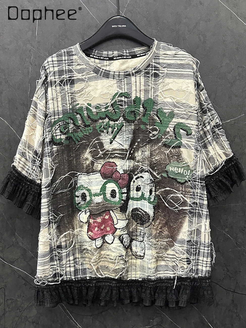 

Summer New Lace Splicing Plaid Hot Diamond Cartoon Cat Short-sleeved T-shirt Women's Loose Casual Top Trendy Tee Vintage Clothes