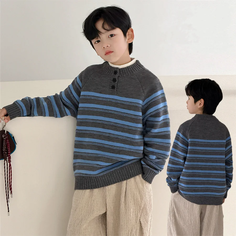 Spring Children Knitted Clothing For Tweens Boys Blue Striped Sweater with Buttons Kids Teenager New Designer Fashion Knitwear