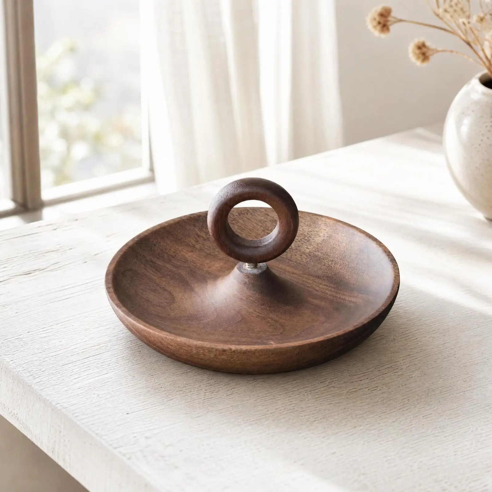 Round Walnut Tray Raised Rim Tray with Central Carry Handle Serving Platter Smooth Surface Versatile for Dessert Display