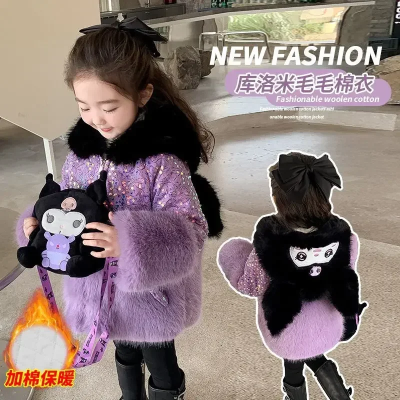 

Children Kuromi Anime Kawaii Warm Jacket Cloth Autumn Winter Cute Sanrio Ins Winter Warm Sweater Hooded Coat Gifts for Kids