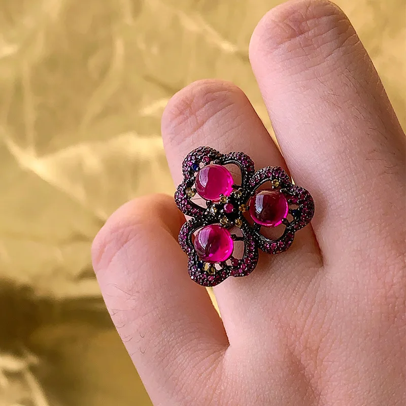 Exquisite Adjustable Statement Ring Hollow Flower Butterfly with Blue Red Gemstone Clusters Trendy Fashion Jewelry for Women